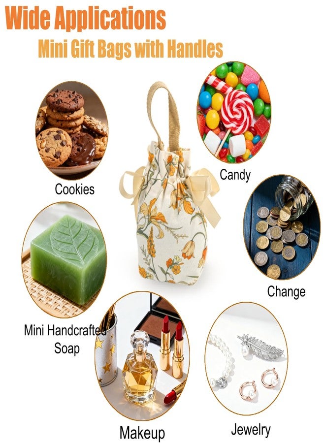 ELFULLY 15 Pcs Mini Canvas Drawstring Gift Bags, 6"x4"x2.7" Small Floral Party Favor Pouch with Handle, Cute Wedding Candy Bag Sachet for Birthday Bridal Shower, Valentine's Day, Mother's Day - Image 4